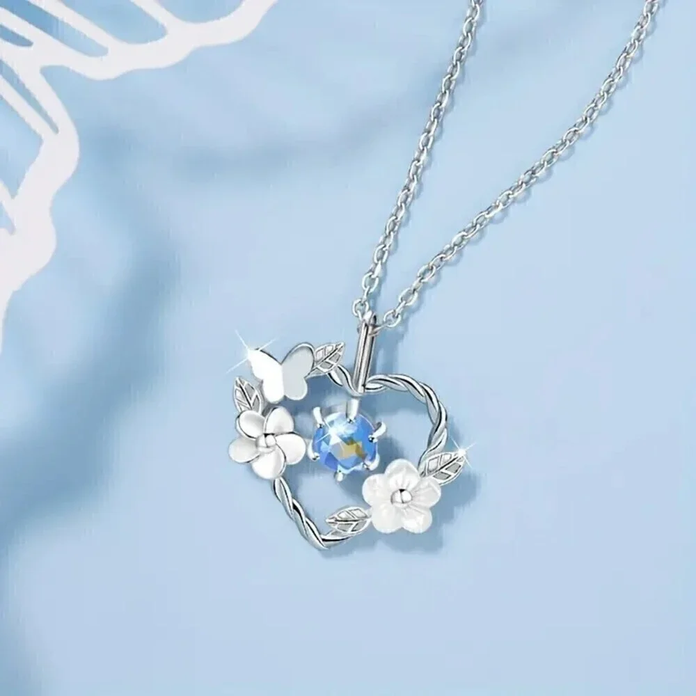 Elegant Moonstone Butterfly Heart Flower Pendant Necklace